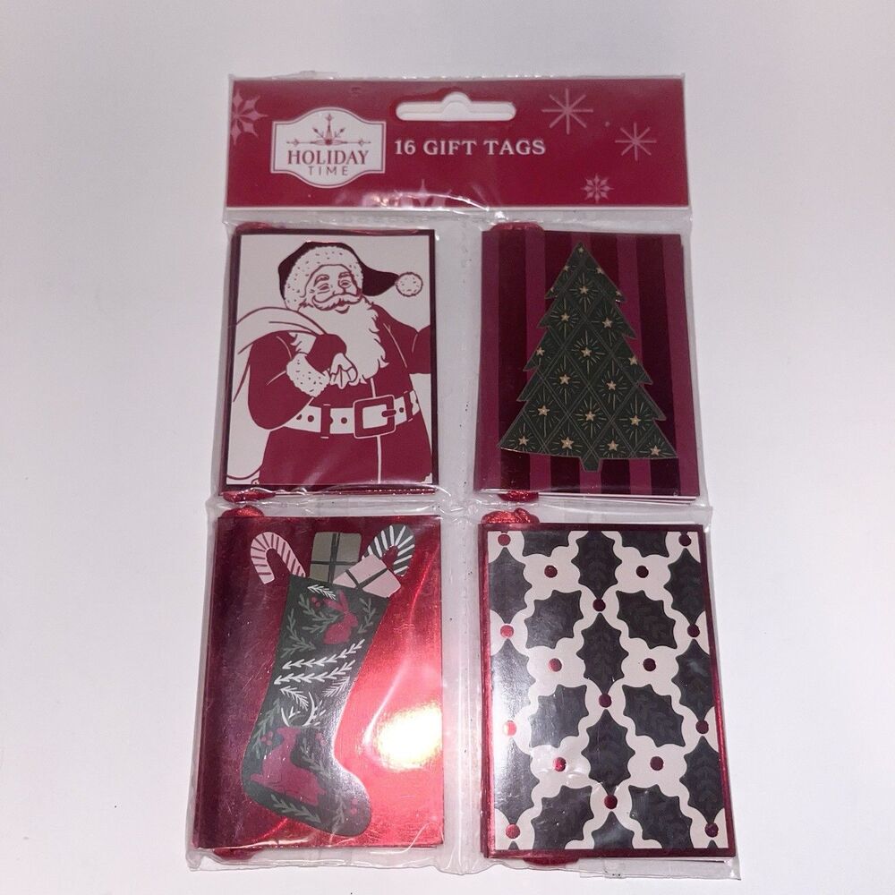 Holiday Time 16 Christmas Gift Tags Santa Tree Stocking Holiday Gift Tags - NEW